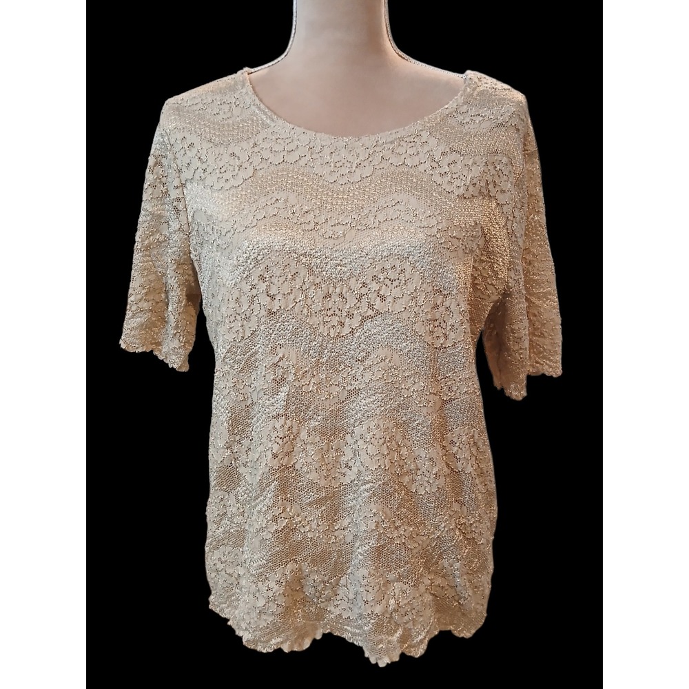 Notations Woman Gold  Lace Blouse Short Sleeve Scoop Neck Size 1X Modest
